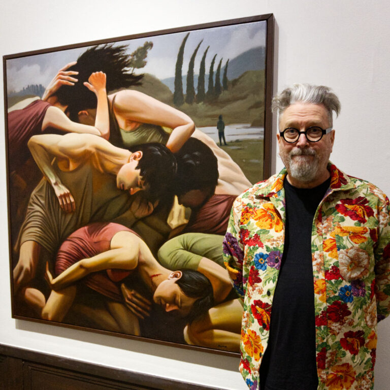 Krister Flodin at the opening of Liljevalchs vårsalong. In the background his painting The Socialites. Oil on canvas.